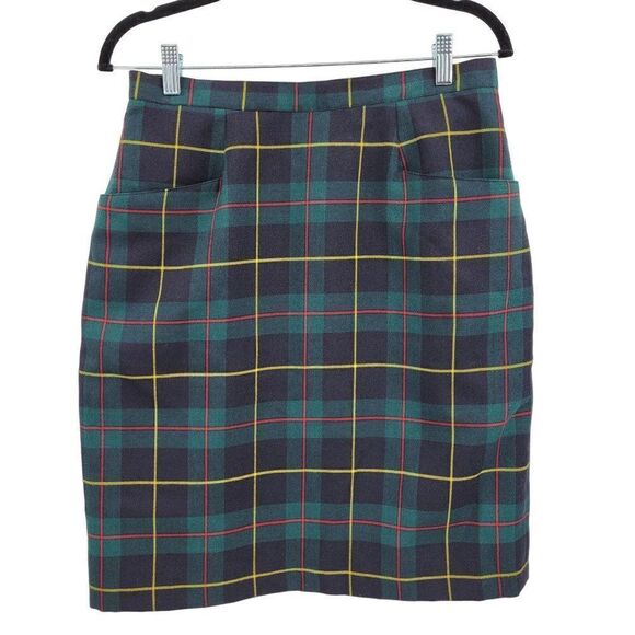 Vintage 80's Elizabeth Shelton Skirt Plaid Kidcore Academia Geek Pockets Green M - Picture 1 of 9
